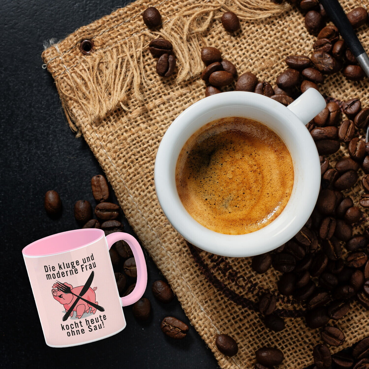 Vegetarier und Fleischesser Kaffeebecher mit Schweine Motiv in rosa