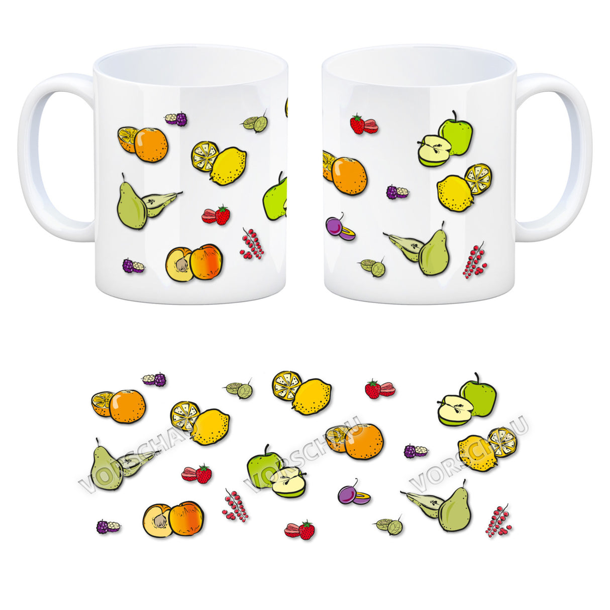 Kaffeebecher in lila zum Thema Obst mit verschiedenen Früchten