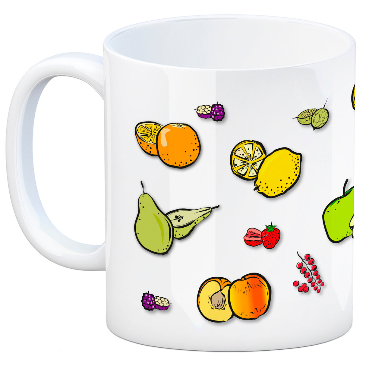 Kaffeebecher in lila zum Thema Obst mit verschiedenen Früchten