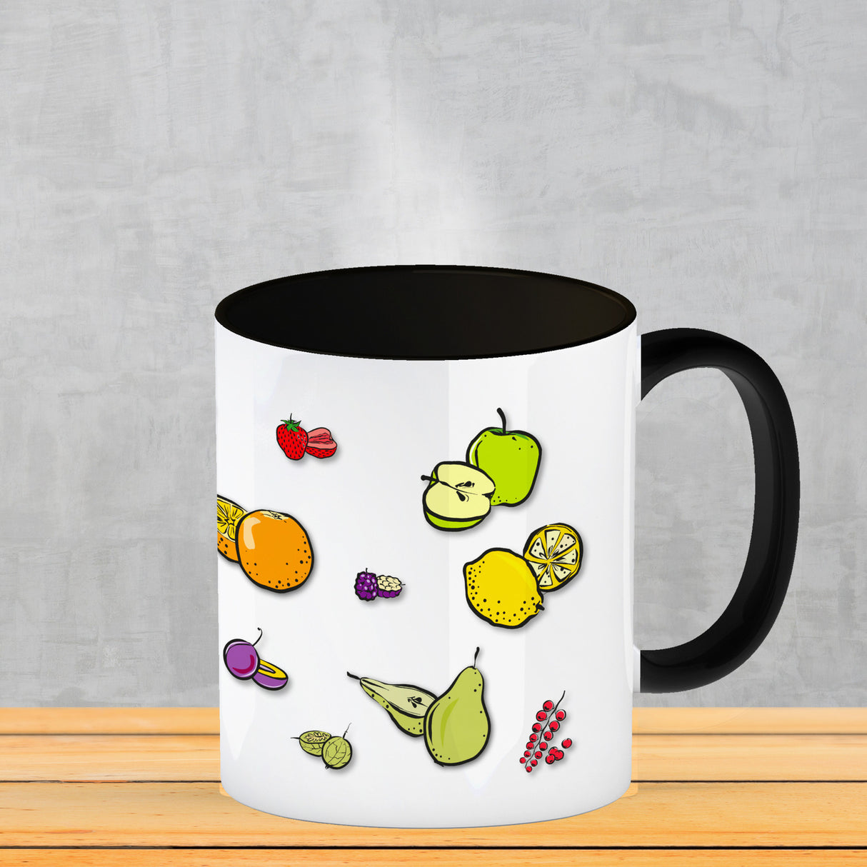 Kaffeebecher in lila zum Thema Obst mit verschiedenen Früchten