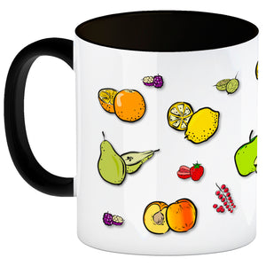 Kaffeebecher in lila zum Thema Obst mit verschiedenen Früchten