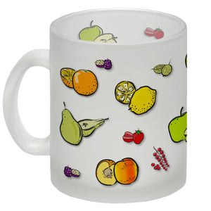 Kaffeebecher in lila zum Thema Obst mit verschiedenen Früchten
