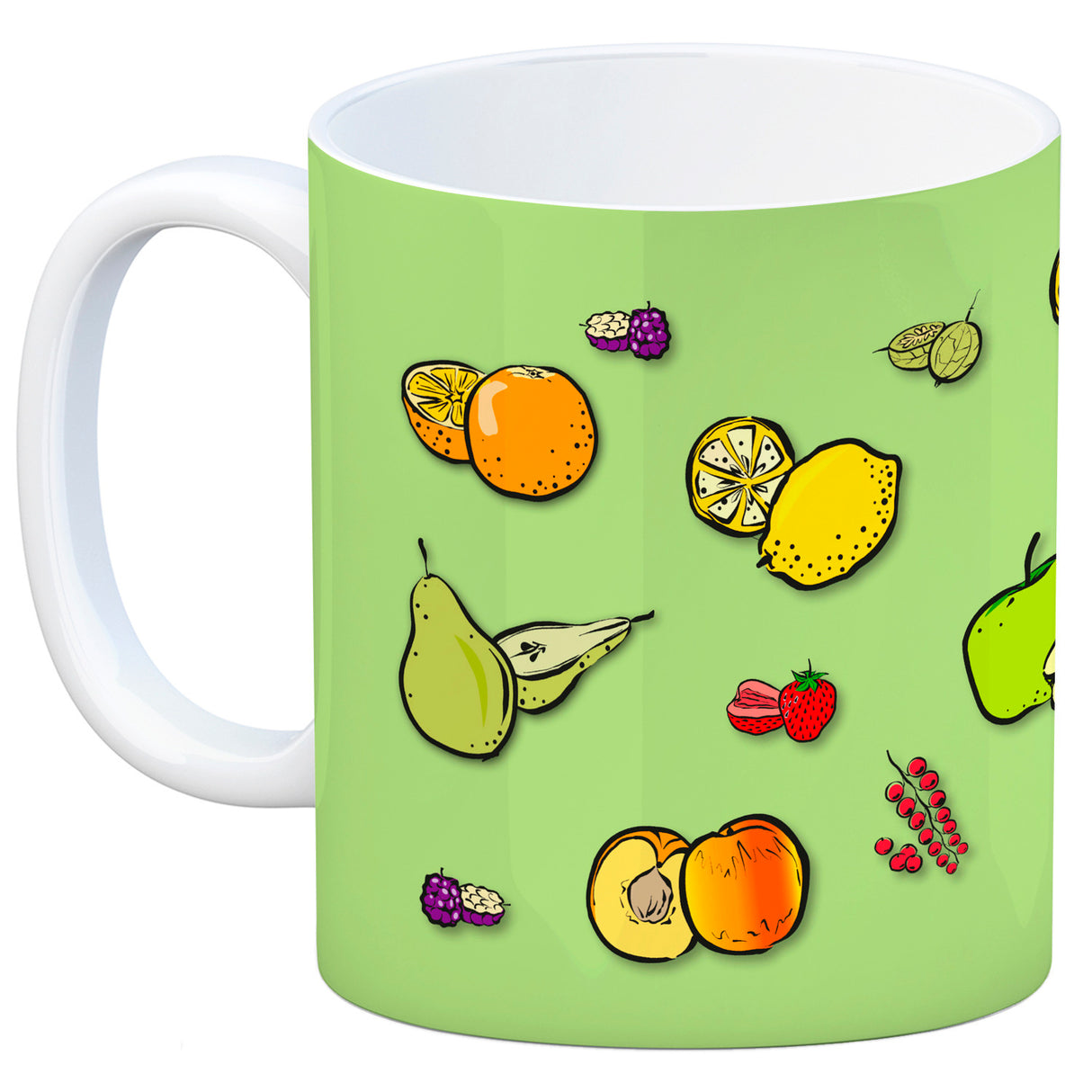Kaffeebecher in lila zum Thema Obst mit verschiedenen Früchten