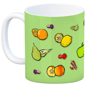 Kaffeebecher in lila zum Thema Obst mit verschiedenen Früchten