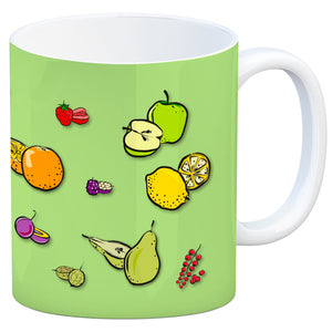 Kaffeebecher in lila zum Thema Obst mit verschiedenen Früchten