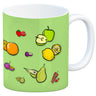 Kaffeebecher in lila zum Thema Obst mit verschiedenen Früchten