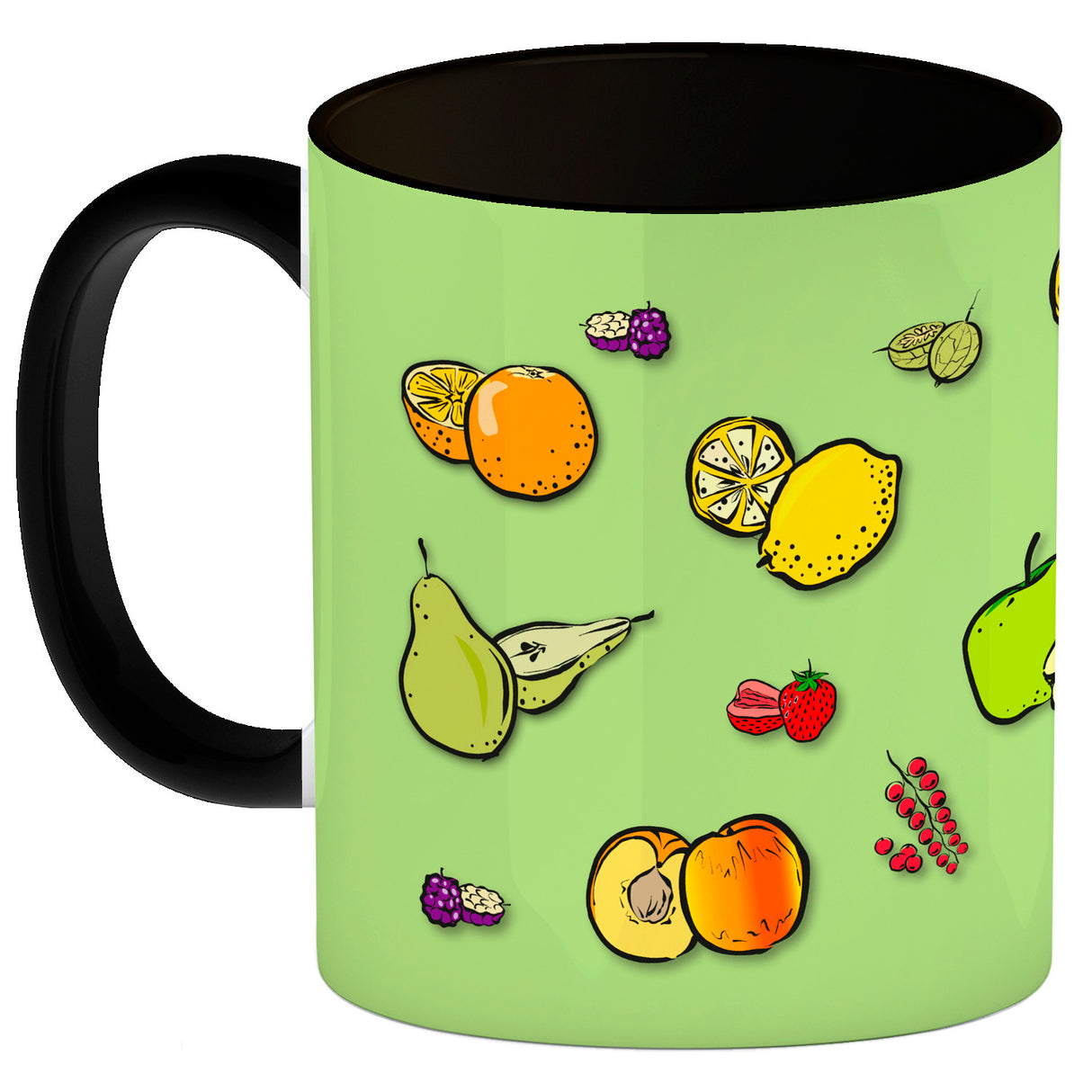 Kaffeebecher in lila zum Thema Obst mit verschiedenen Früchten