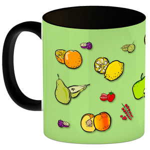 Kaffeebecher in lila zum Thema Obst mit verschiedenen Früchten