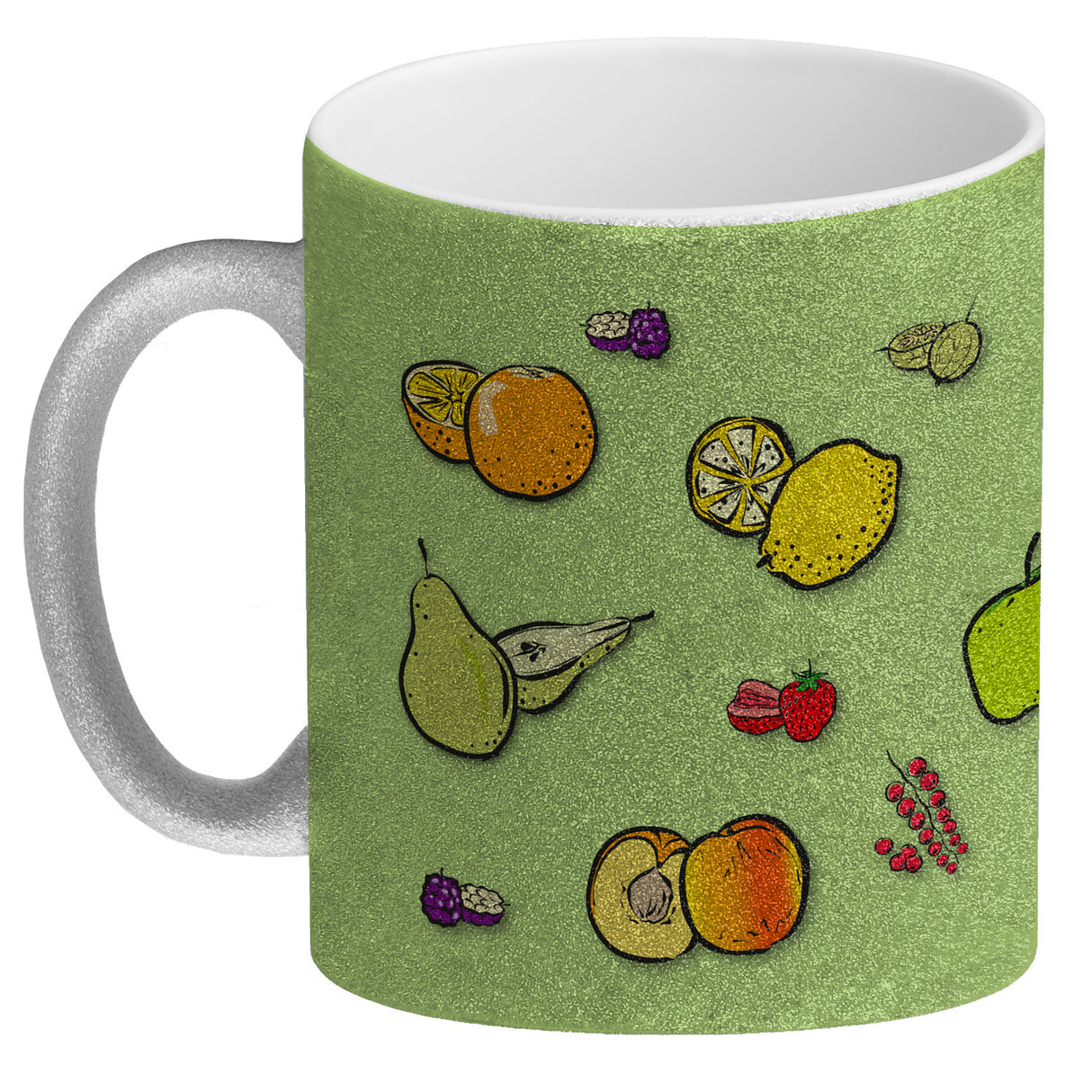 Kaffeebecher in lila zum Thema Obst mit verschiedenen Früchten