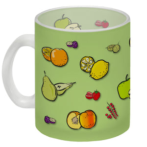 Kaffeebecher in lila zum Thema Obst mit verschiedenen Früchten