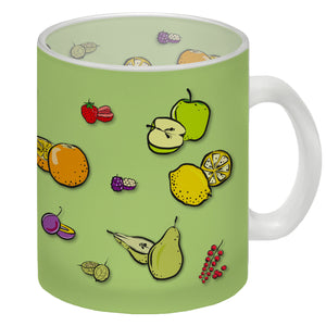 Kaffeebecher in lila zum Thema Obst mit verschiedenen Früchten