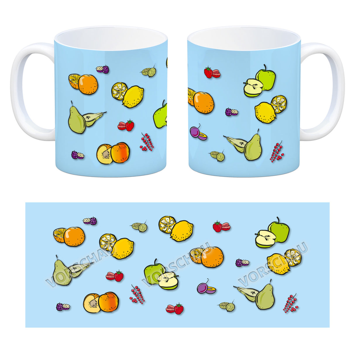 Kaffeebecher in lila zum Thema Obst mit verschiedenen Früchten