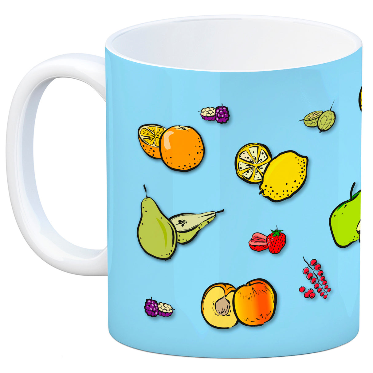 Kaffeebecher in lila zum Thema Obst mit verschiedenen Früchten