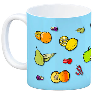 Kaffeebecher in lila zum Thema Obst mit verschiedenen Früchten