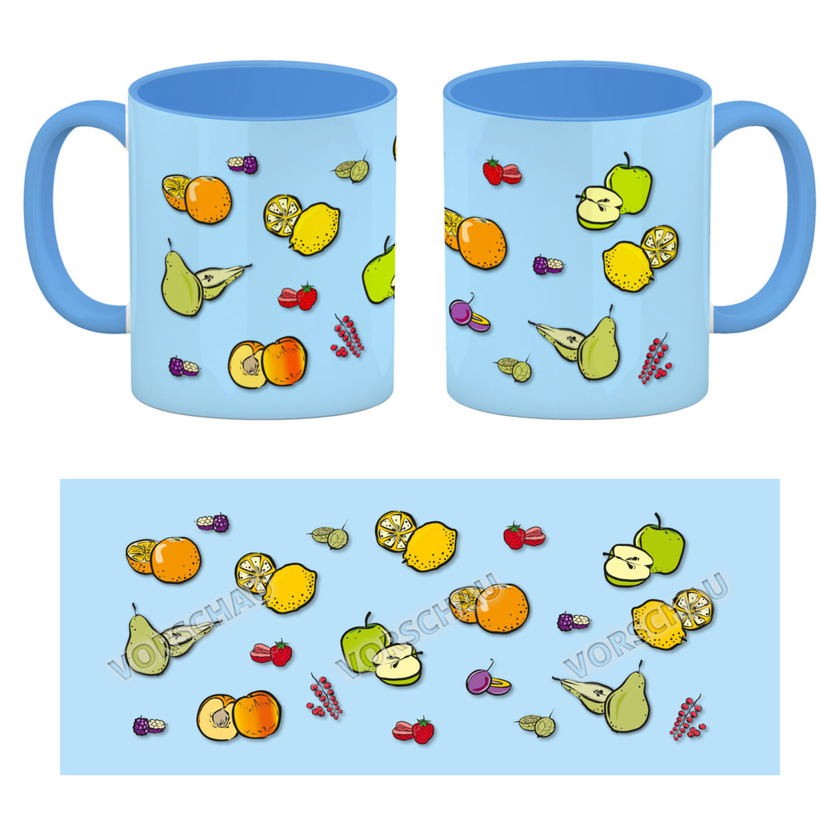 Kaffeebecher in lila zum Thema Obst mit verschiedenen Früchten