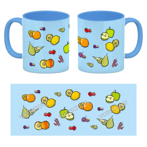 Kaffeebecher in lila zum Thema Obst mit verschiedenen Früchten