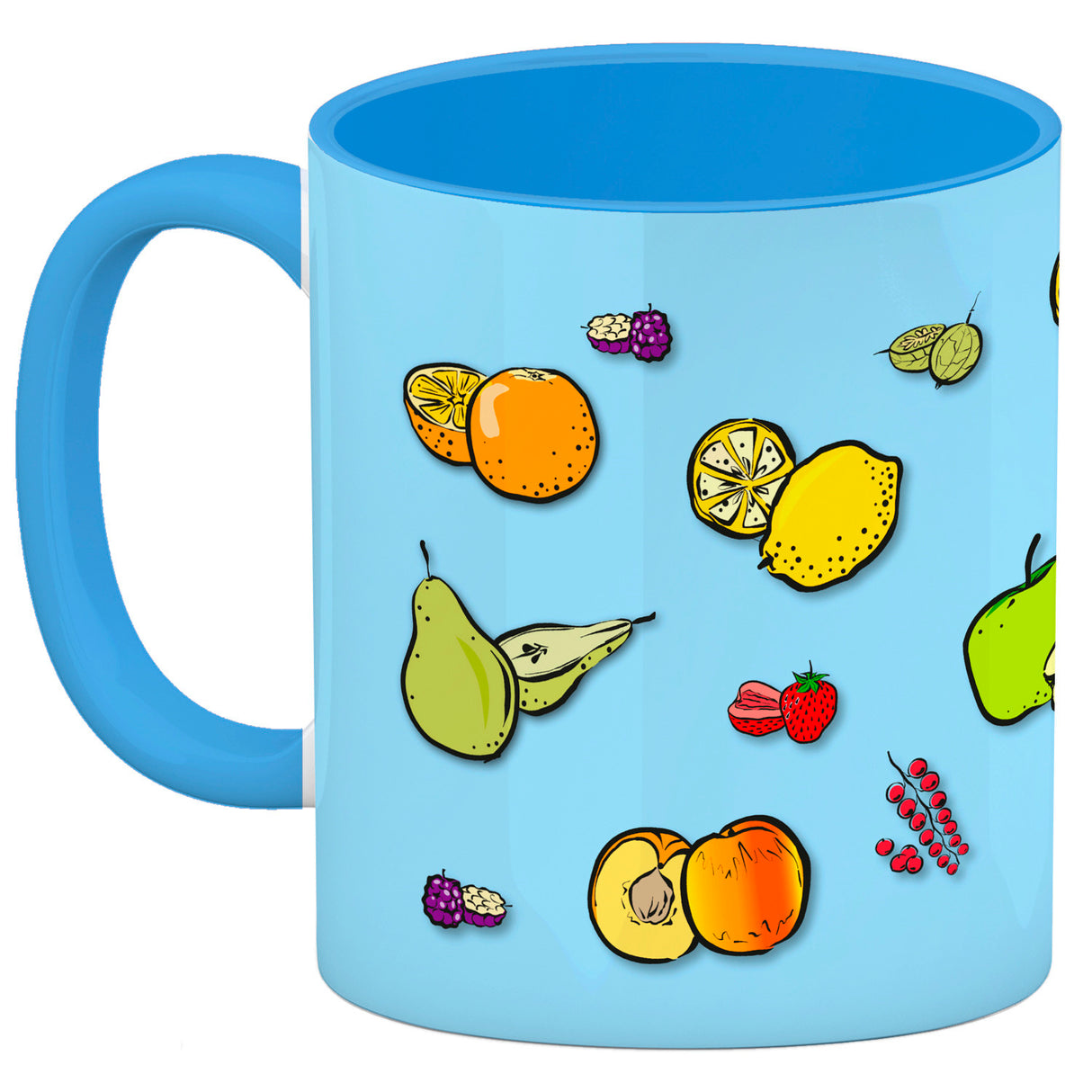 Kaffeebecher in lila zum Thema Obst mit verschiedenen Früchten