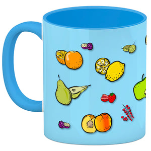 Kaffeebecher in lila zum Thema Obst mit verschiedenen Früchten