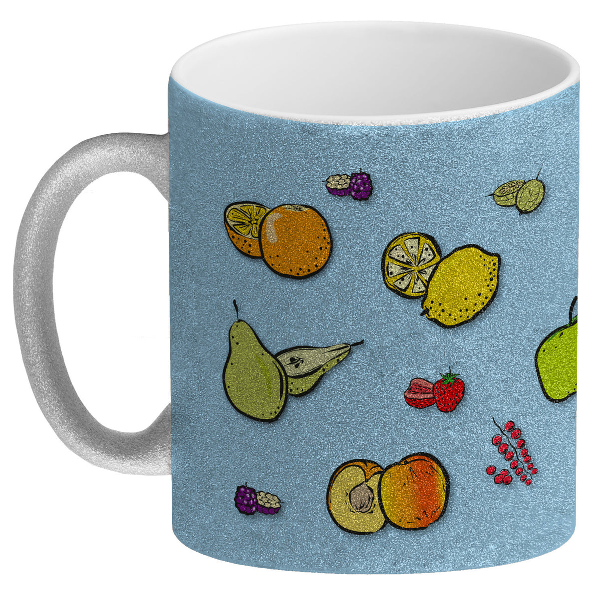 Kaffeebecher in lila zum Thema Obst mit verschiedenen Früchten