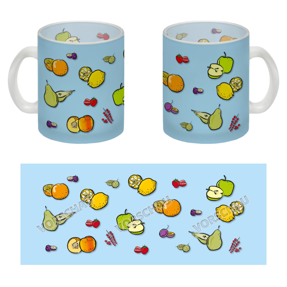 Kaffeebecher in lila zum Thema Obst mit verschiedenen Früchten