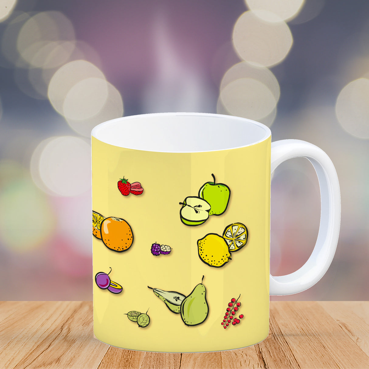 Kaffeebecher in lila zum Thema Obst mit verschiedenen Früchten