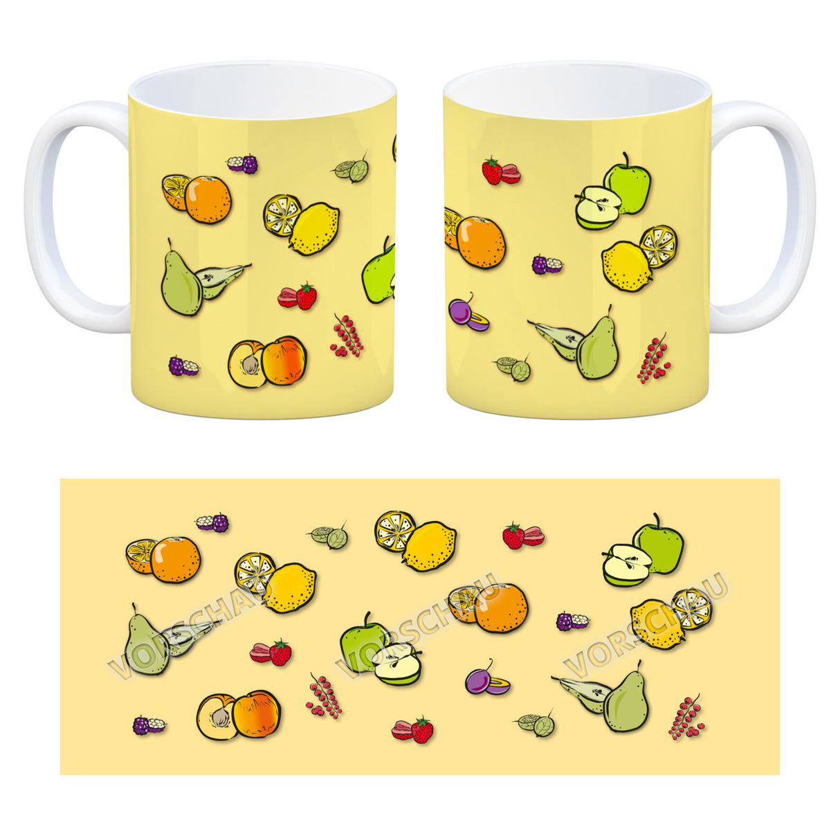 Kaffeebecher in lila zum Thema Obst mit verschiedenen Früchten
