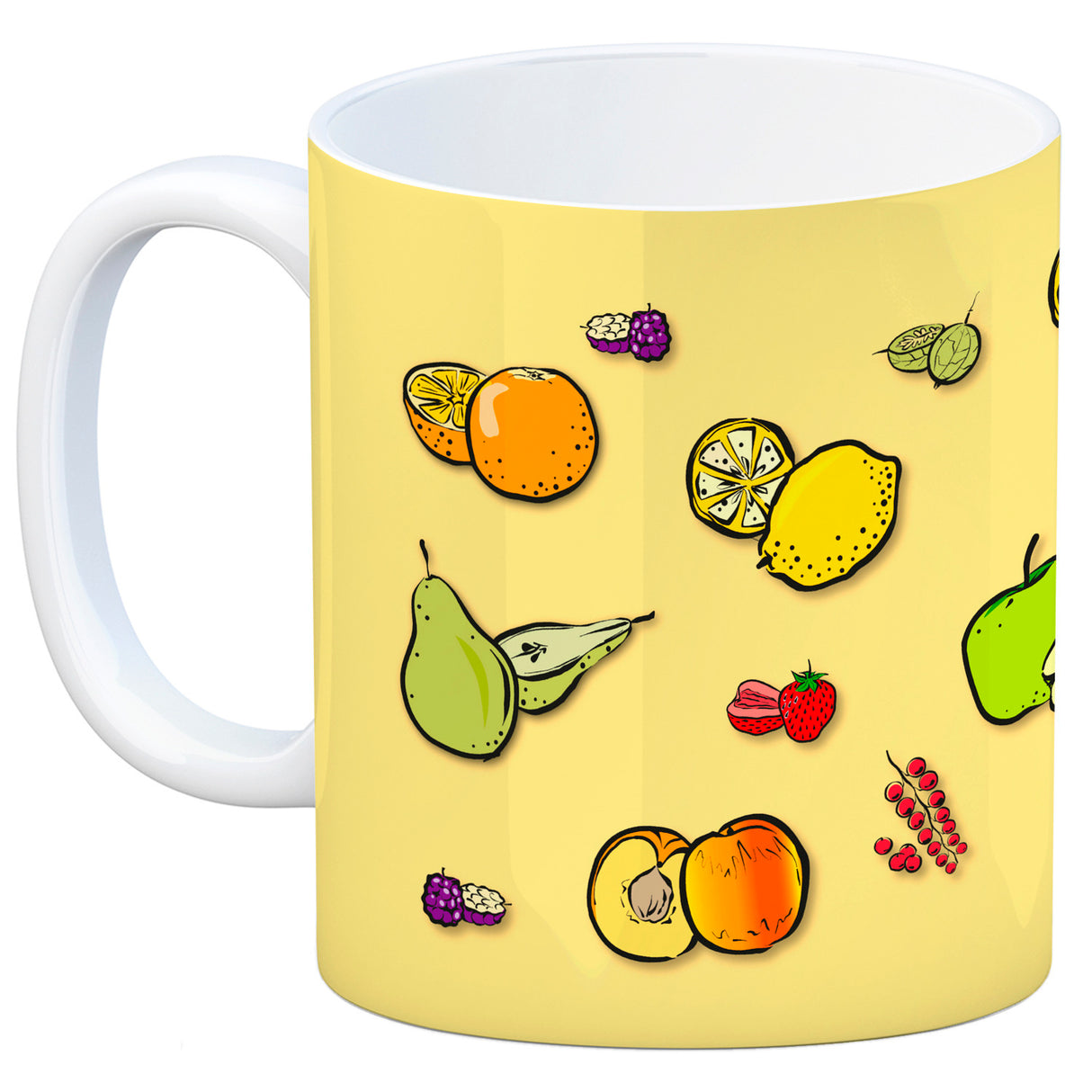 Kaffeebecher in lila zum Thema Obst mit verschiedenen Früchten