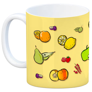 Kaffeebecher in lila zum Thema Obst mit verschiedenen Früchten