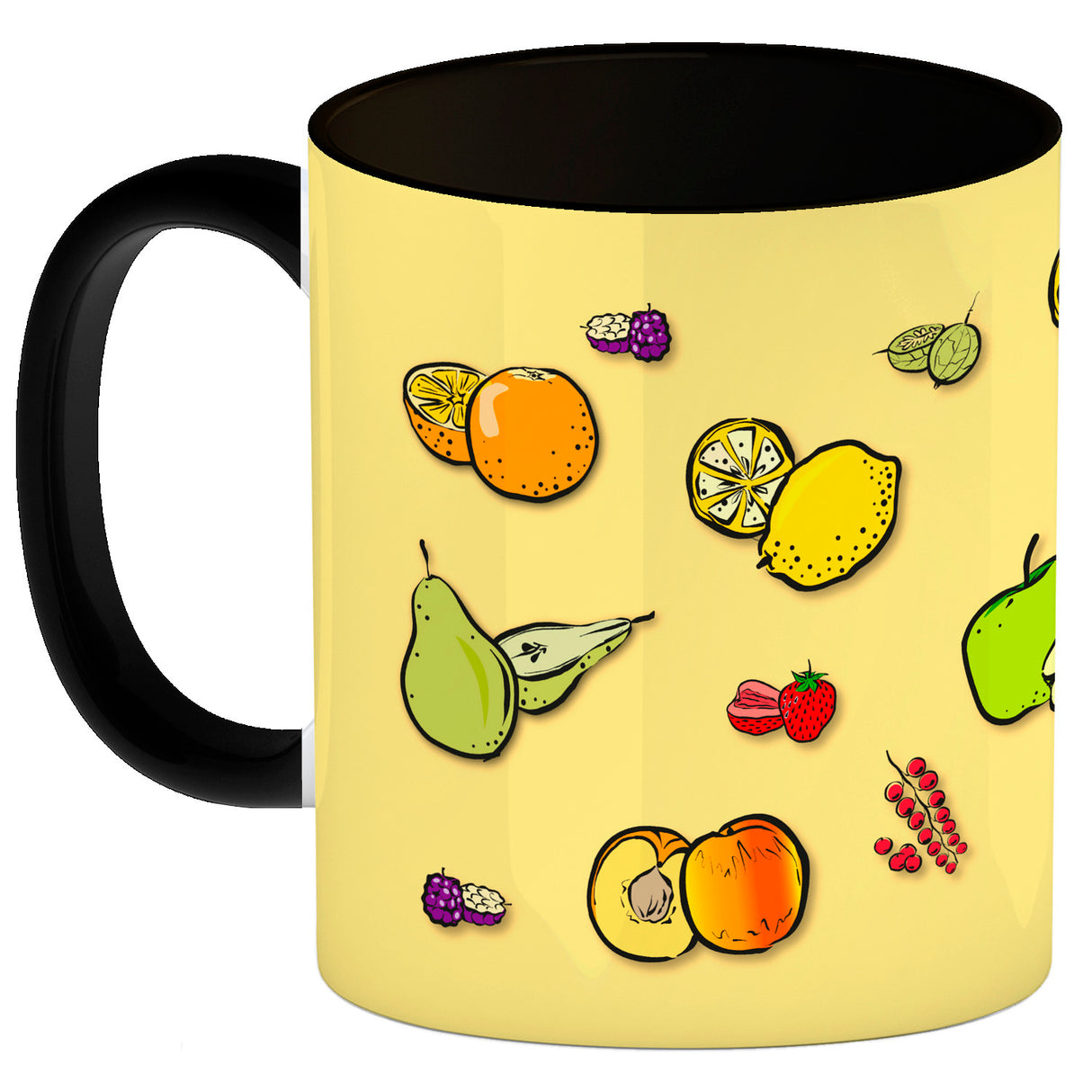 Kaffeebecher in lila zum Thema Obst mit verschiedenen Früchten
