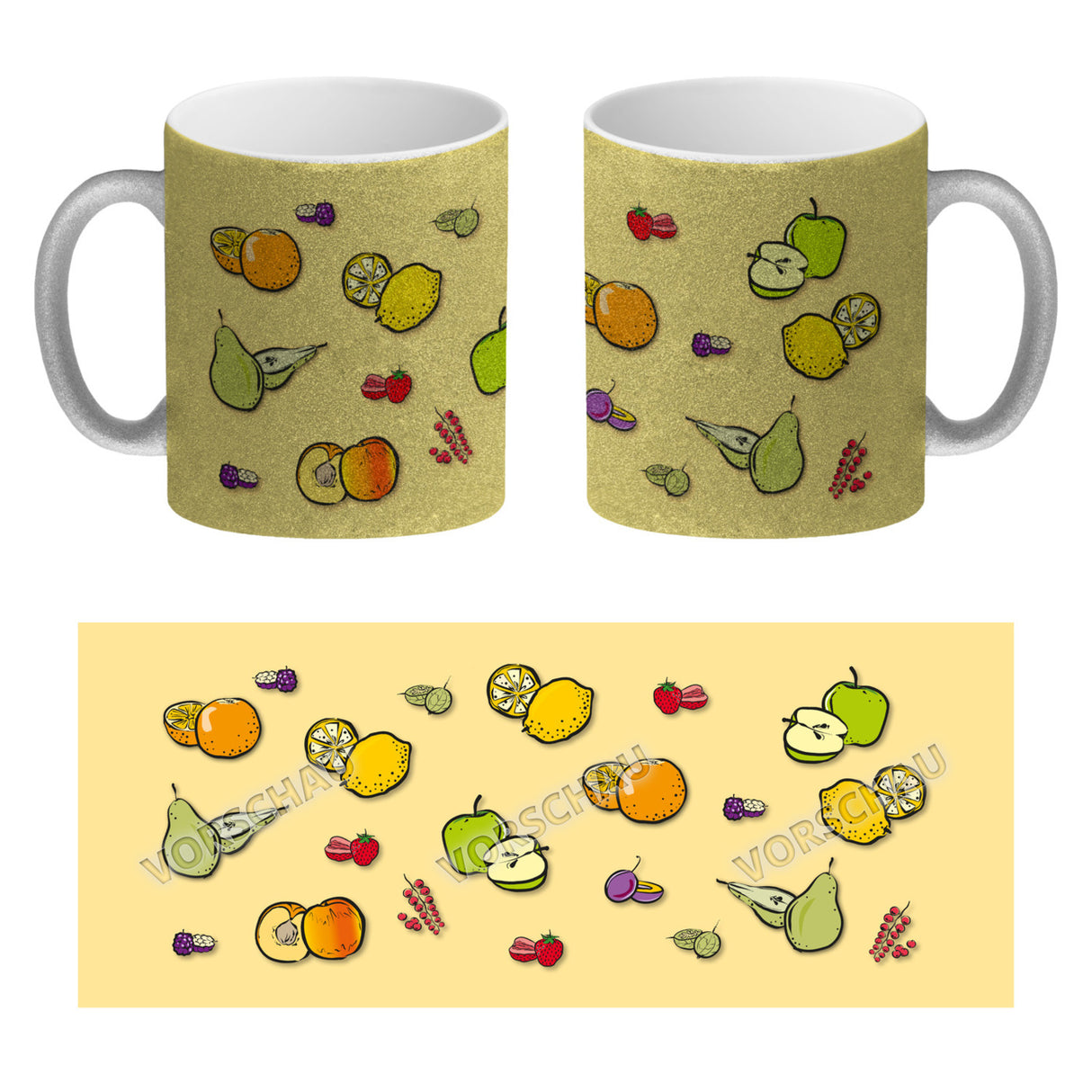 Kaffeebecher in lila zum Thema Obst mit verschiedenen Früchten