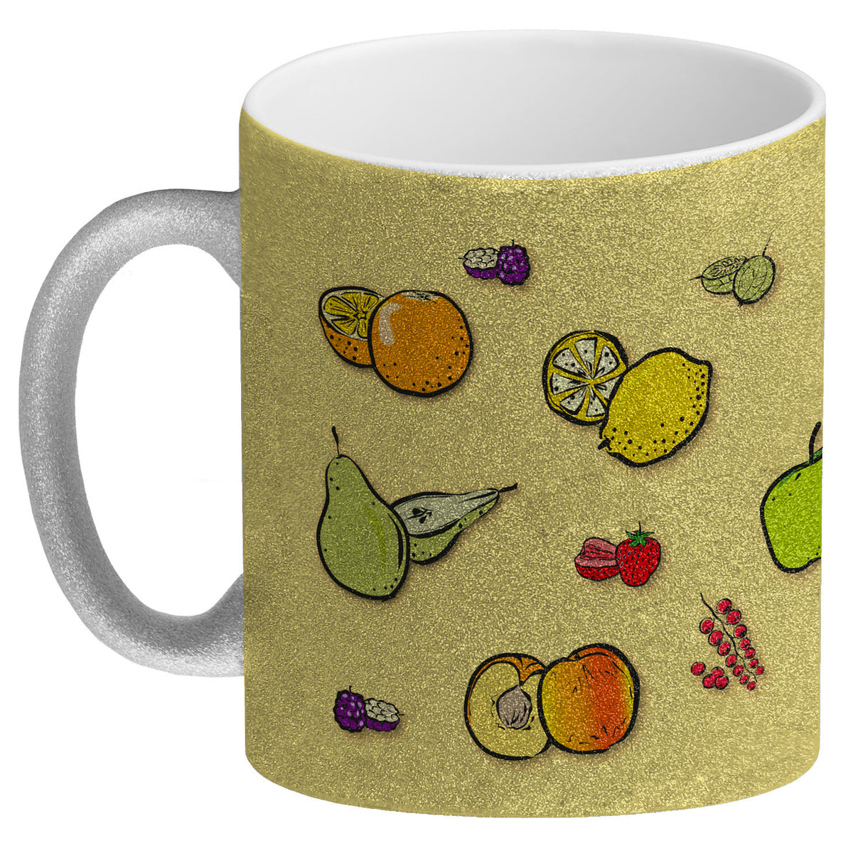 Kaffeebecher in lila zum Thema Obst mit verschiedenen Früchten