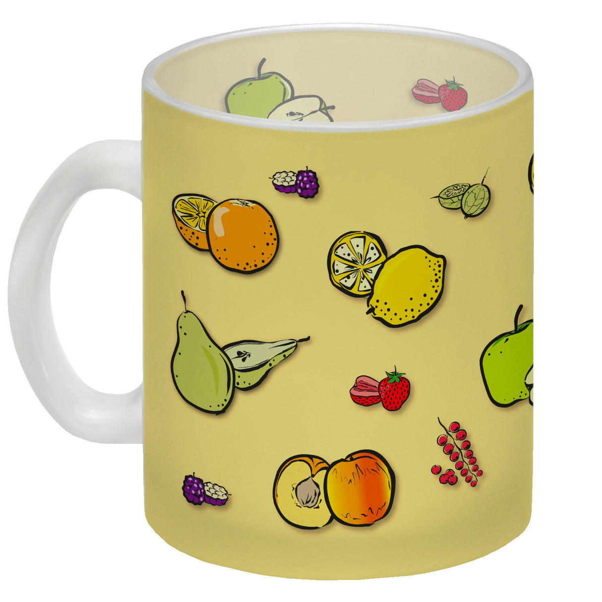 Kaffeebecher in lila zum Thema Obst mit verschiedenen Früchten