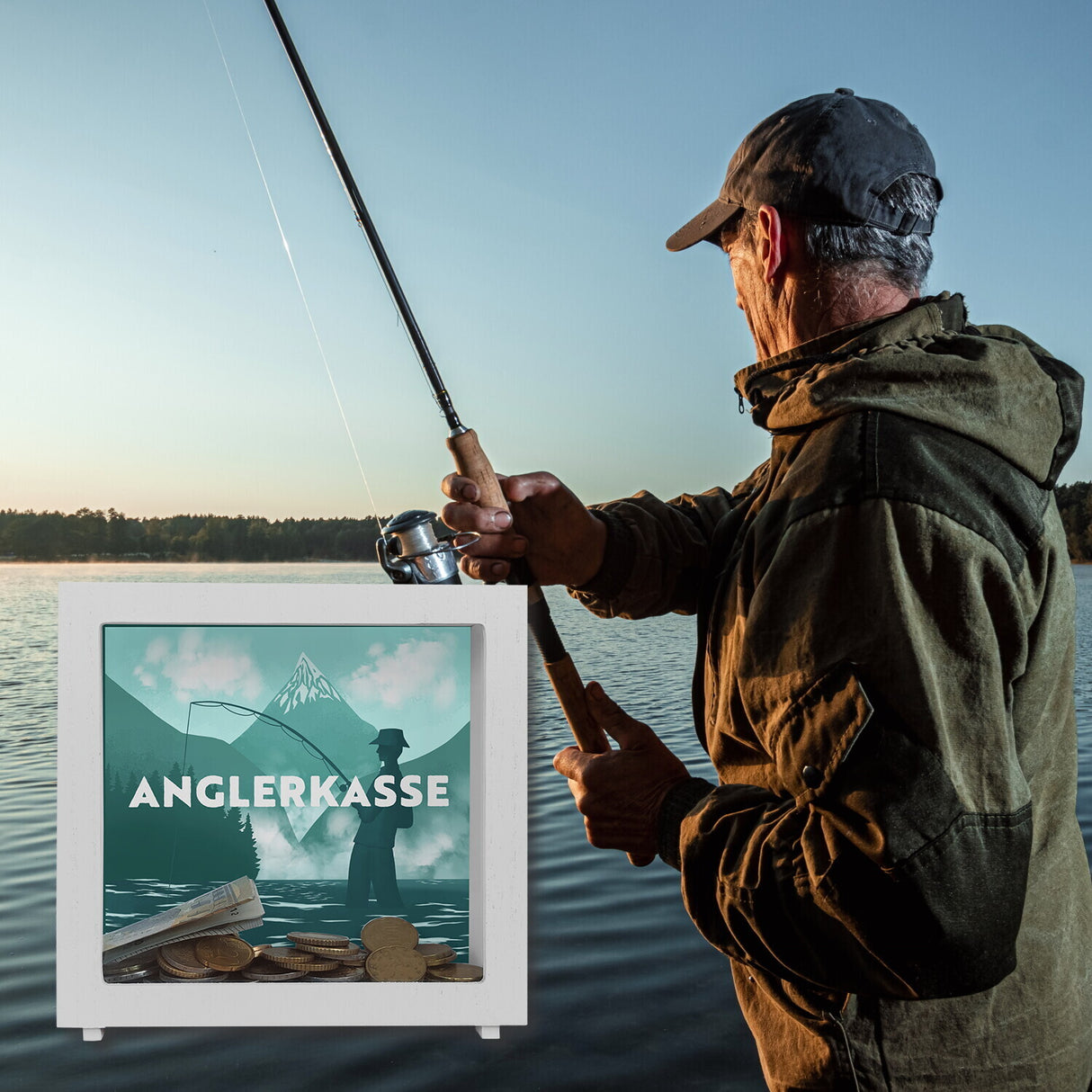 Anglerkasse Spardose mit Anglermotiv für Angler