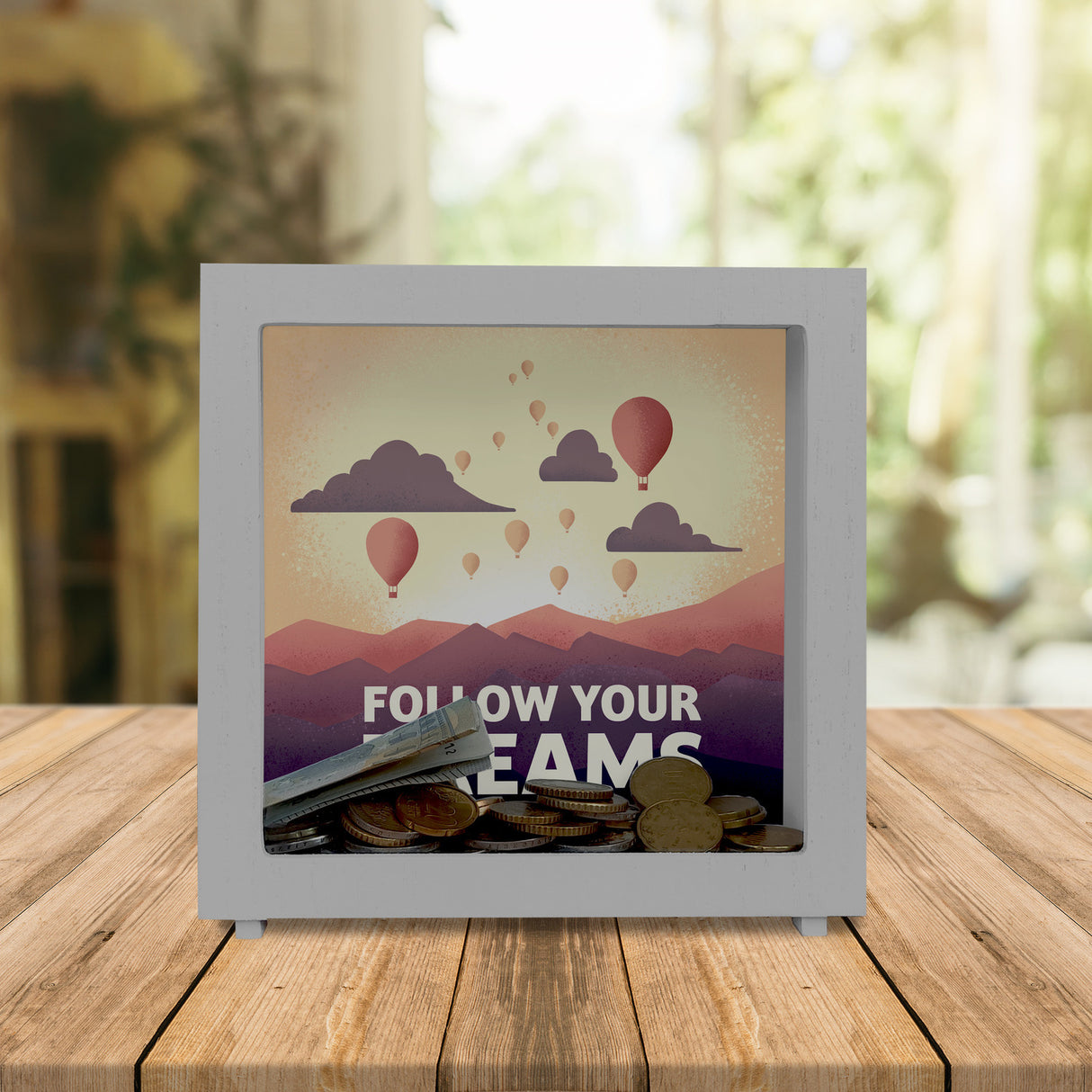 Follow your dreams Spardose mit Heißluftballons und Sonnenuntergang