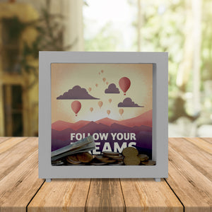 Follow your dreams Spardose mit Heißluftballons und Sonnenuntergang