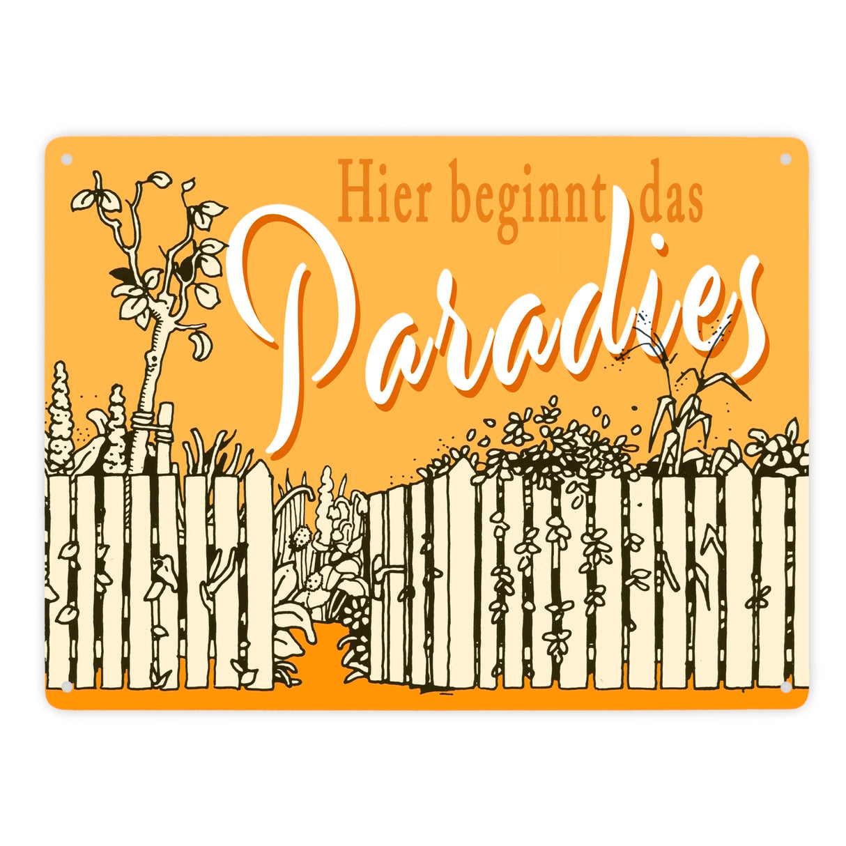 Gartenparadies Metallschild orange zum Thema Urlaub im Garten