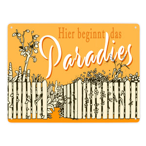 Gartenparadies Metallschild orange zum Thema Urlaub im Garten