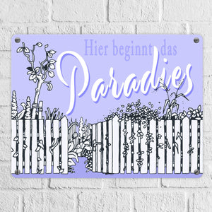Gartenparadies Metallschild orange zum Thema Urlaub im Garten