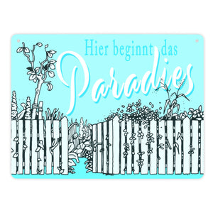 Gartenparadies Metallschild orange zum Thema Urlaub im Garten