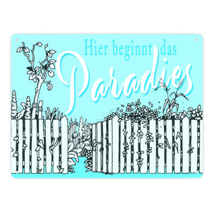 Gartenparadies Metallschild orange zum Thema Urlaub im Garten