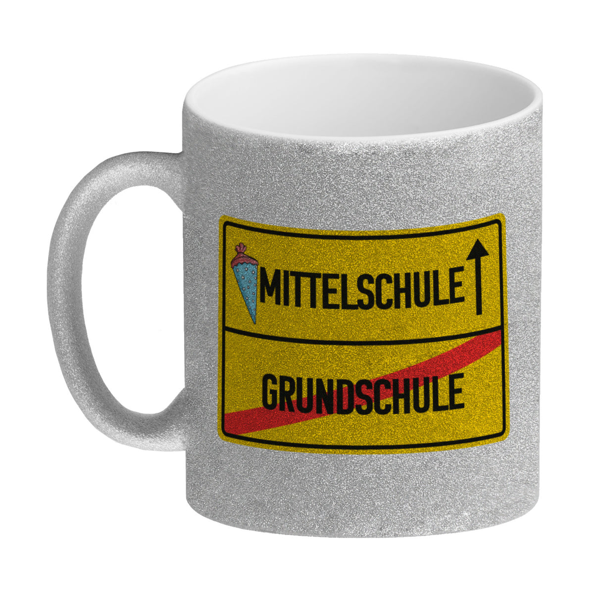 Mittelschule Ortsschild Kaffeebecher zur Einschulung