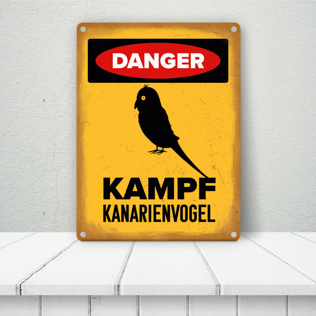 {Vorsicht Kanarienvogel} Metallschild mit Vogel Silhouette