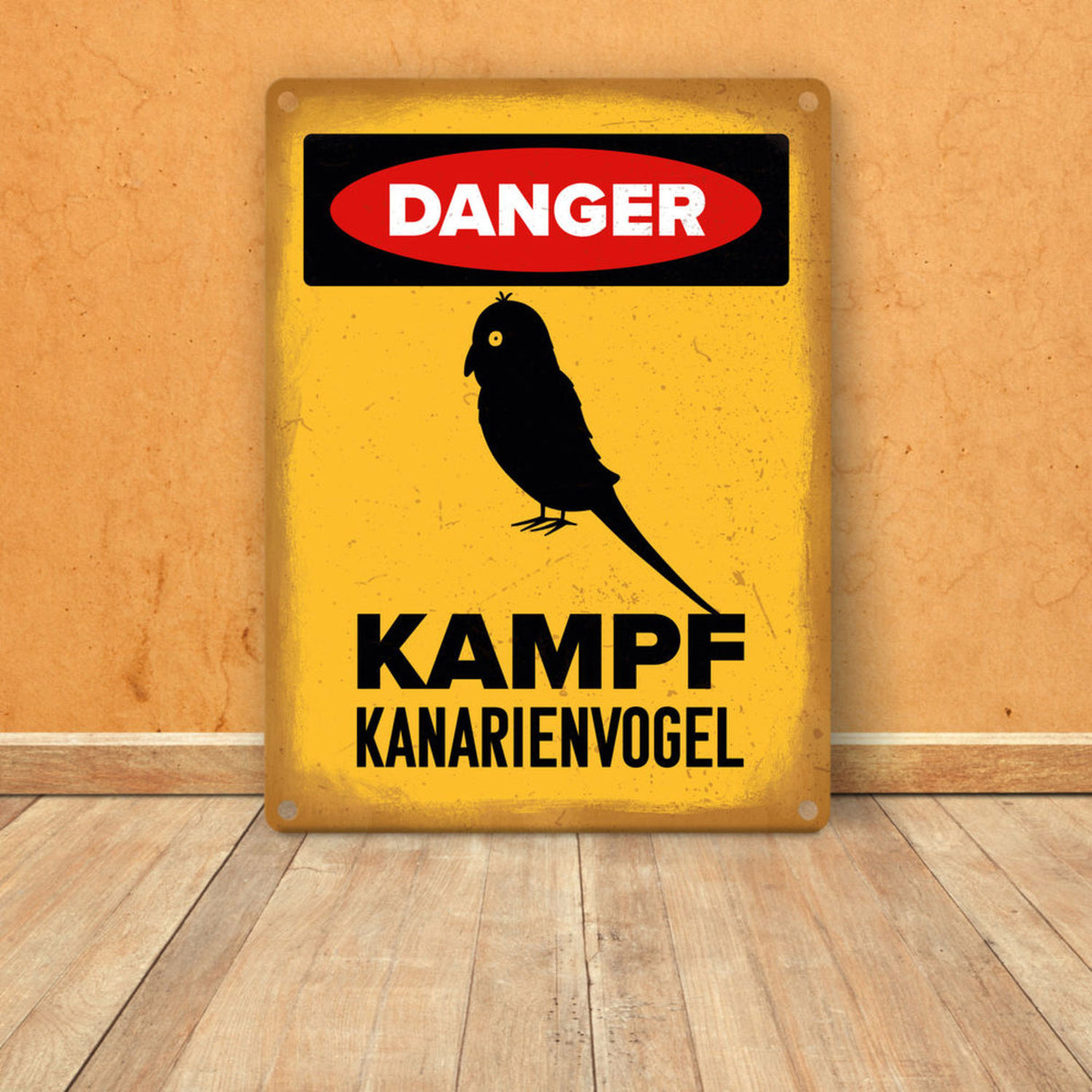 {Vorsicht Kanarienvogel} Metallschild mit Vogel Silhouette