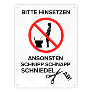 Bitte hinsetzen, ansonsten… Toilette Metallschild mit Icon