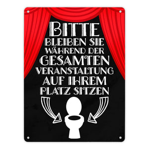 Bitte sitzen bleiben Toiletten Metallschild mit rotem Vorhang
