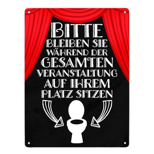 Bitte sitzen bleiben Toiletten Metallschild mit rotem Vorhang