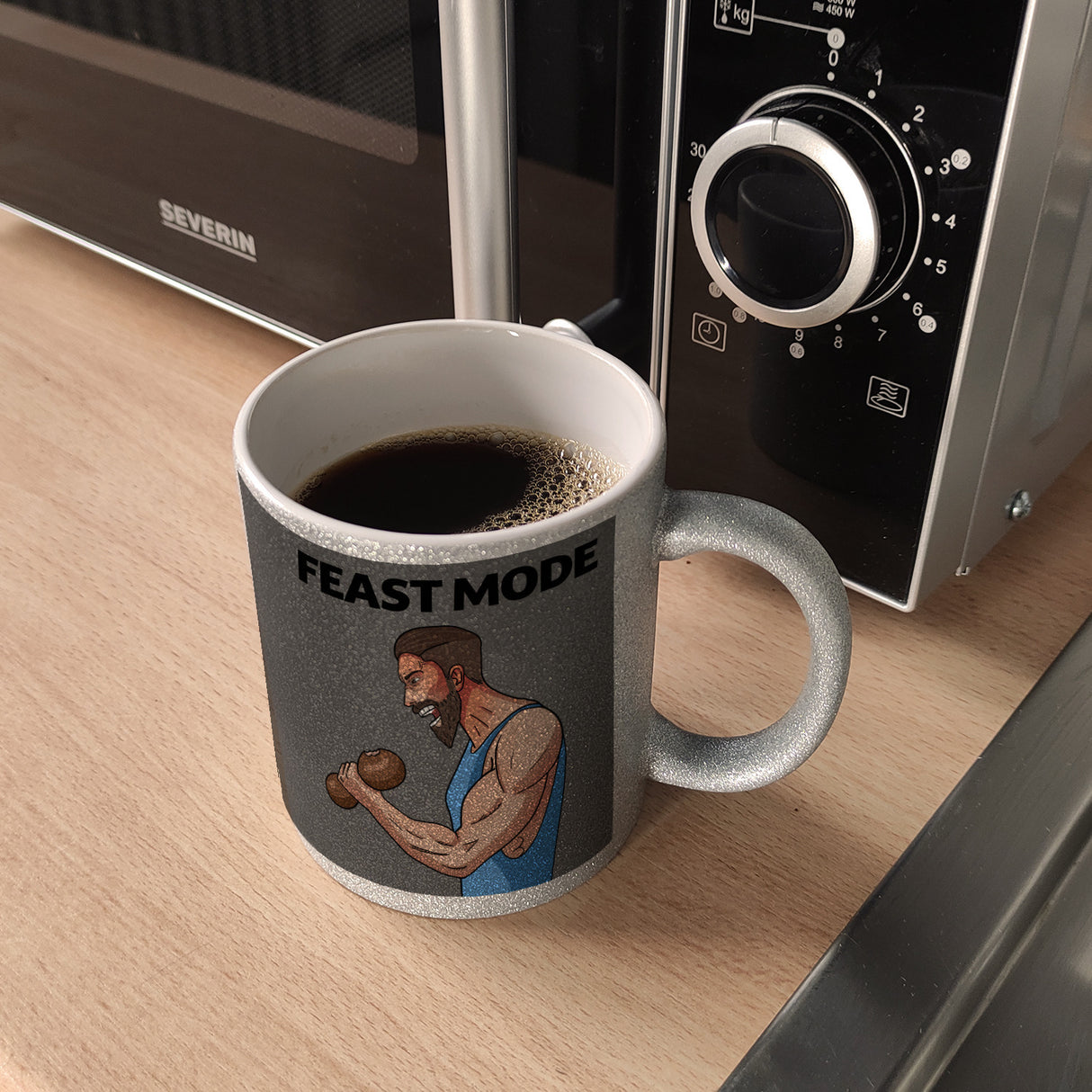 Feast Mode Kaffeebecher mit Bodybuilder Motiv