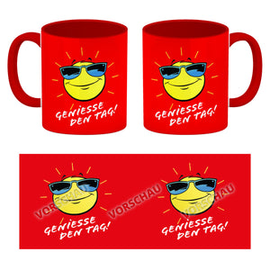 Geniesse den Tag! Kaffeebecher mit strahlender Sonne