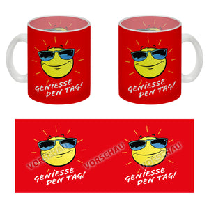 Geniesse den Tag! Kaffeebecher mit strahlender Sonne