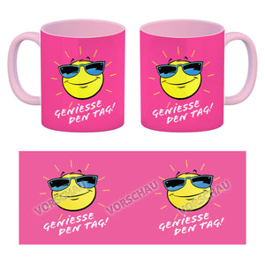 Geniesse den Tag! Kaffeebecher mit strahlender Sonne